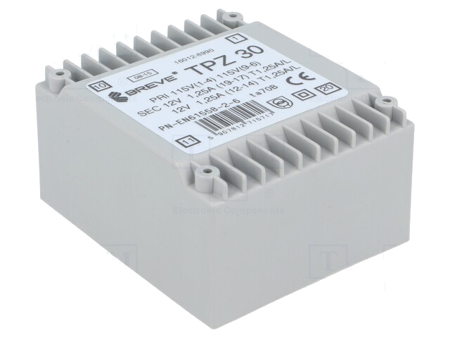 Transformator: netwerk; 30VA; 115VAC,230VAC; 12V; 12V; 1,25A; PCB Transformator: netwerk; 30VA; 115VAC,230VAC; 12V; 12V; 1,25A; PCB
